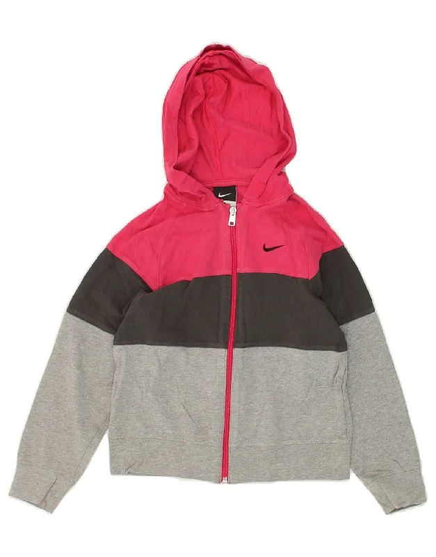 men's luxurious sweaters -NIKE Girls Zip Hoodie Sweater 7-8 Years XL Grey Colourblock Cotton