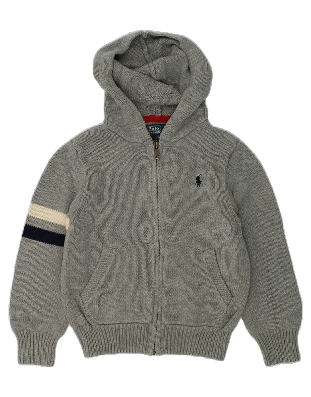 men's v-neck sweaters -POLO RALPH LAUREN Boys Hooded Cardigan Sweater 4-5 Years Grey Cotton