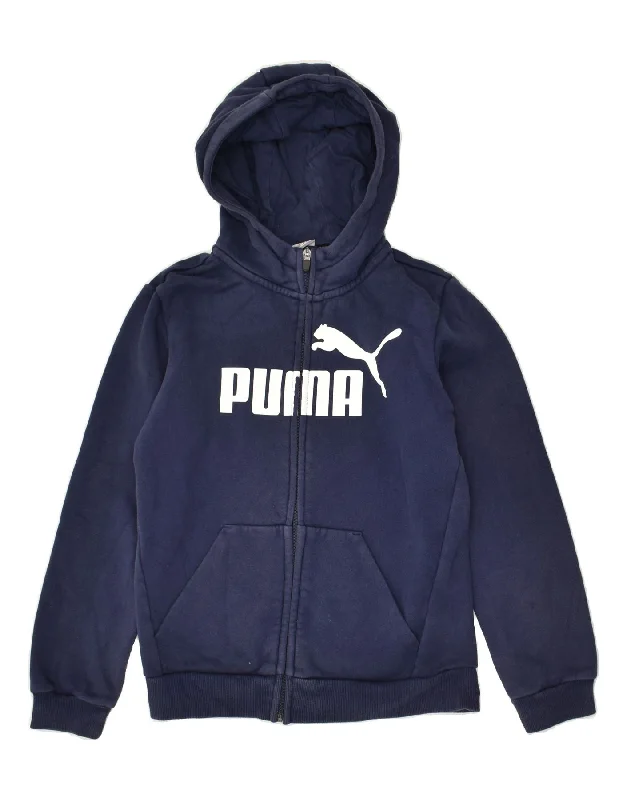 men's comfortable sweaters -PUMA Boys Graphic Zip Hoodie Sweater 11-12 Years Navy Blue Cotton