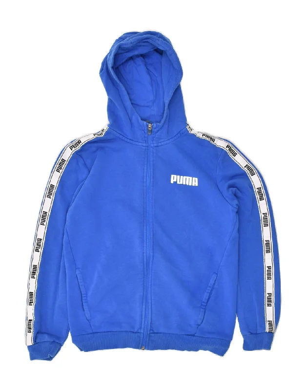 men's luxurious sweaters -PUMA Boys Graphic Zip Hoodie Sweater 13-14 Years Blue Cotton