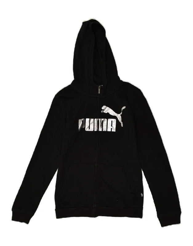 men's cardigan knitwear -PUMA Girls Graphic Zip Hoodie Sweater 13-14 Years Black Cotton