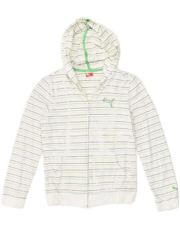 men's thermal sweaters -PUMA Girls Zip Hoodie Sweater 11-12 Years White Striped Cotton