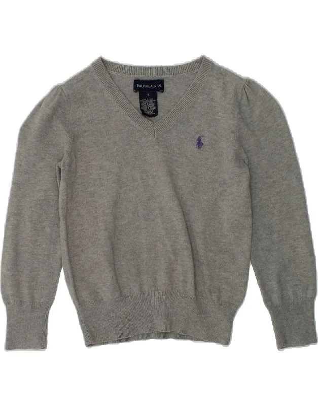 men's breathable sweaters -RALPH LAUREN Girls V-Neck Jumper Sweater 4-5 Years Grey Cotton