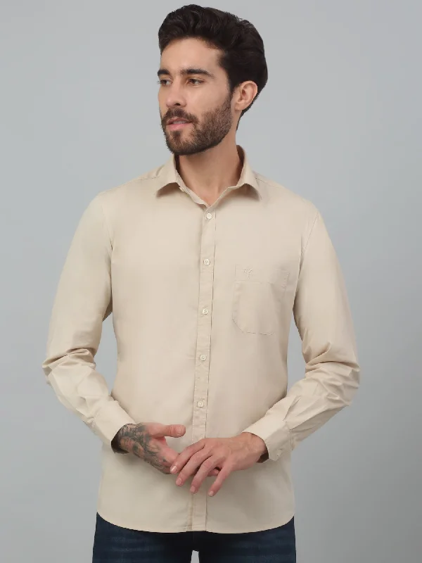 men's casual shirts for summer -Men's Beige Casual Plain Stretch Full Sleeve Shirt