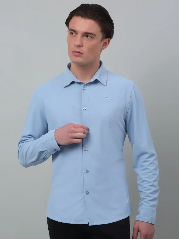 men's polo shirts -Men's Blue Casual Plain Stretch Full Sleeve Shirt