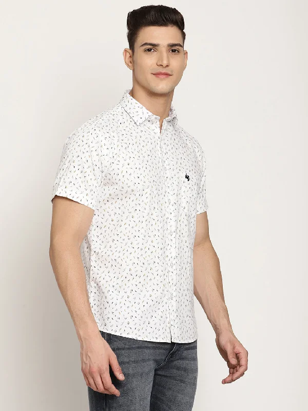 men's plaid shirts -Men's White Casual Floral Print Half Sleeve Shirt