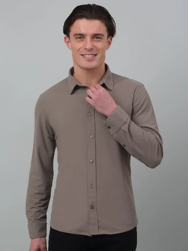 men's formal office shirts -Men's Charcoal Grey Casual Plain Stretch Full Sleeve Shirt