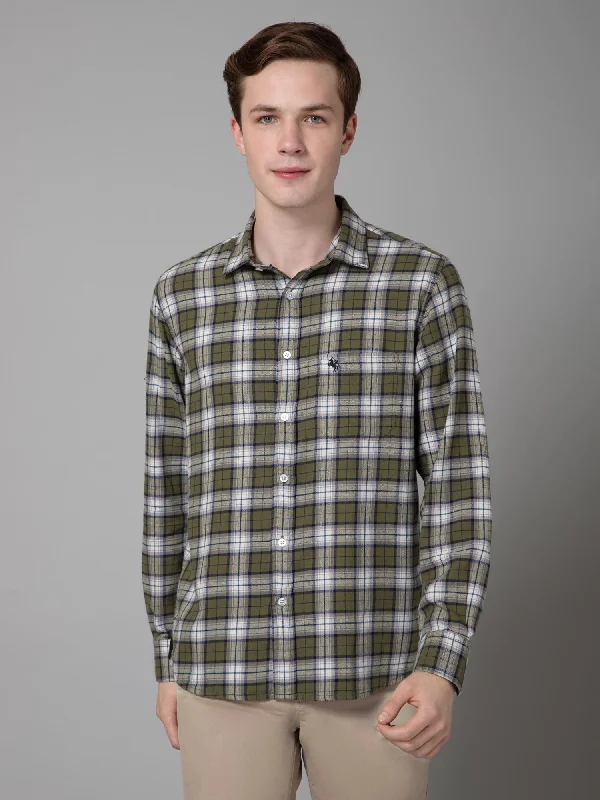 men's casual shirts for summer -Men's Green Casual Brushed Medium Checks Full Sleeve Shirt