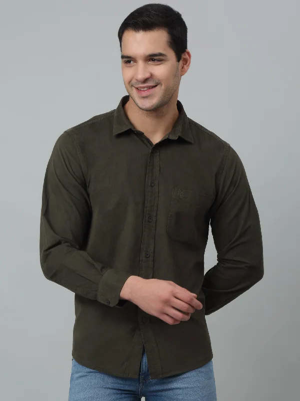 men's cotton shirts -Men's Olive   Casual Plain Corduroy Full Sleeve Shirt