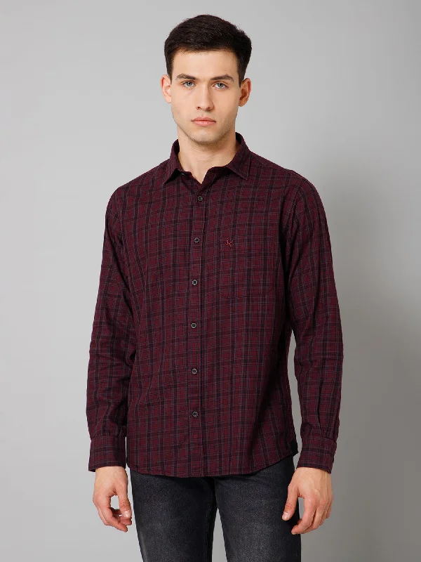 men's slim-fit dress shirts -Men's Maroon Casual Medium Checks Full Sleeve Shirt