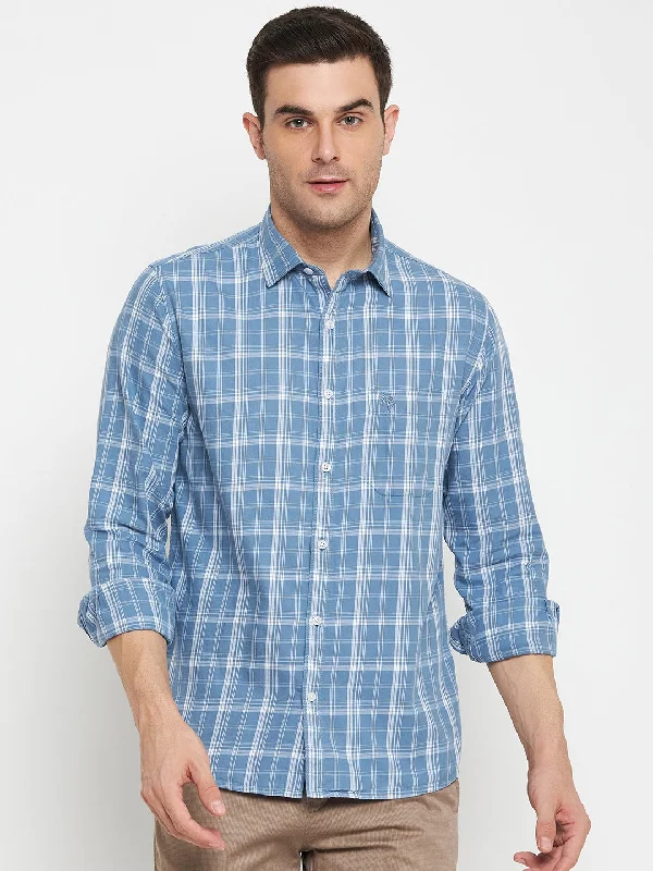 men's breathable shirts -Men's Blue Casual Medium Checks Full Sleeve Shirt