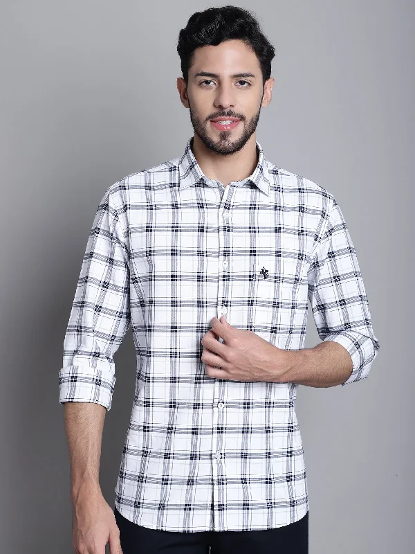 men's casual shirts -Men's White Casual Medium Checks Full Sleeve Shirt