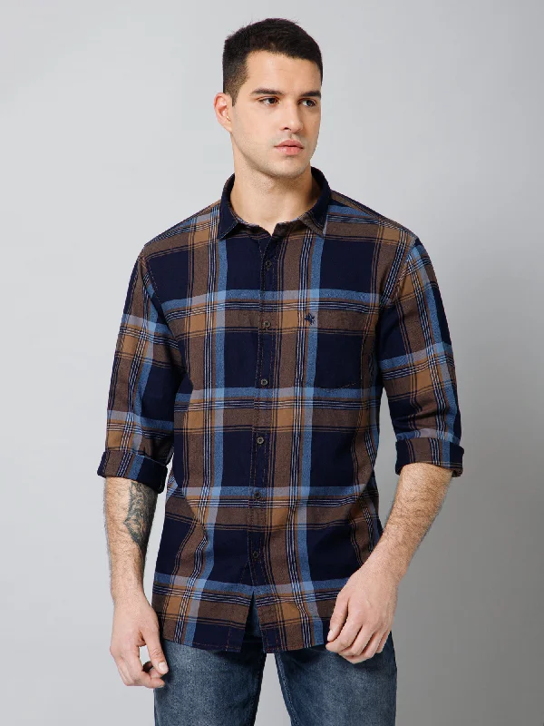 men's slim-fit formal shirts -Men's Navy Blue Casual Big Checks Full Sleeve Shirt