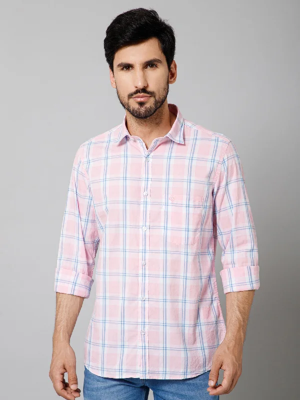 men's short-sleeve shirts -Men's Light Pink Casual Big Checks Full Sleeve Shirt