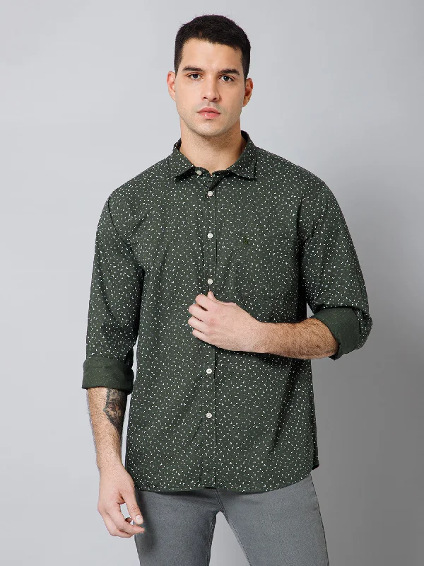 men's Oxford shirts -Men's Olive Green Casual Floral Print Full Sleeve Shirt