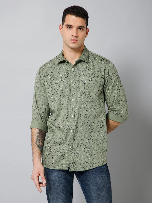 men's smart casual shirts -Men's Light Olive Casual Floral Print Full Sleeve Shirt