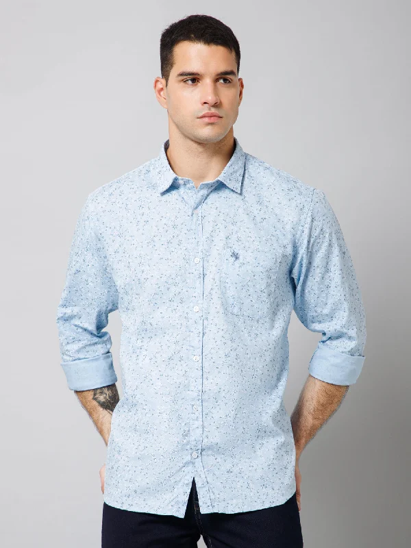 men's casual fit shirts -Men's Light Blue Casual Floral Print Full Sleeve Shirt