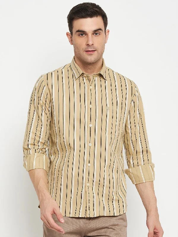 men's short-sleeve casual shirts -Men's Khaki Casual Narrow Stripe Full Sleeve Shirt