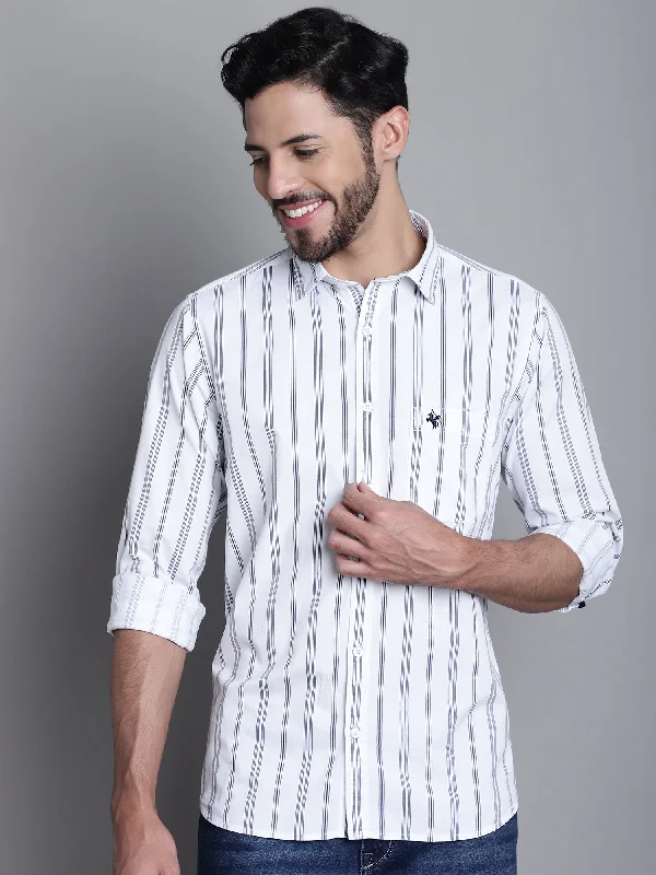 men's dress shirts for daily wear -Men's White Casual Stripe Print Full Sleeve Shirt