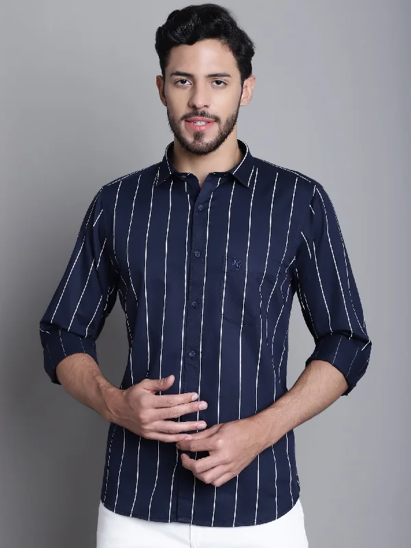 men's breathable dress shirts -Men's Navy Blue Casual Stripe Print Full Sleeve Shirt