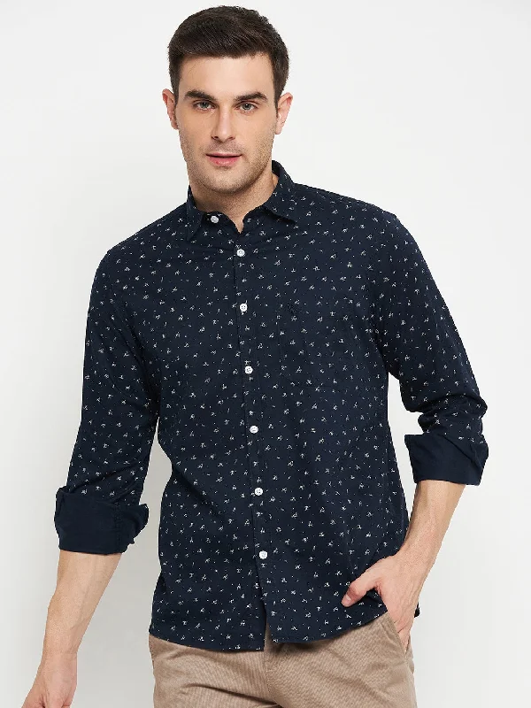 men's cool printed shirts -Men's Navy Blue Casual Abstract Ditsy Print Full Sleeve Shirt