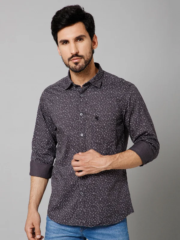 men's business dress shirts -Men's Dark Grey Casual Floral Ditsy Print Full Sleeve Shirt