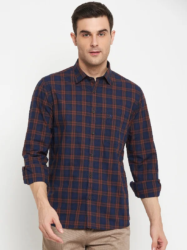 men's long-sleeve shirts -Men's Navy Blue Casual Medium Checks Full Sleeve Shirt