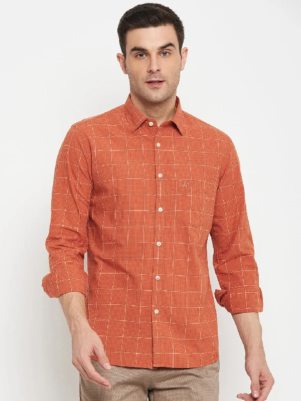 men's cotton shirts -Men's Rust Casual Medium Checks Full Sleeve Shirt