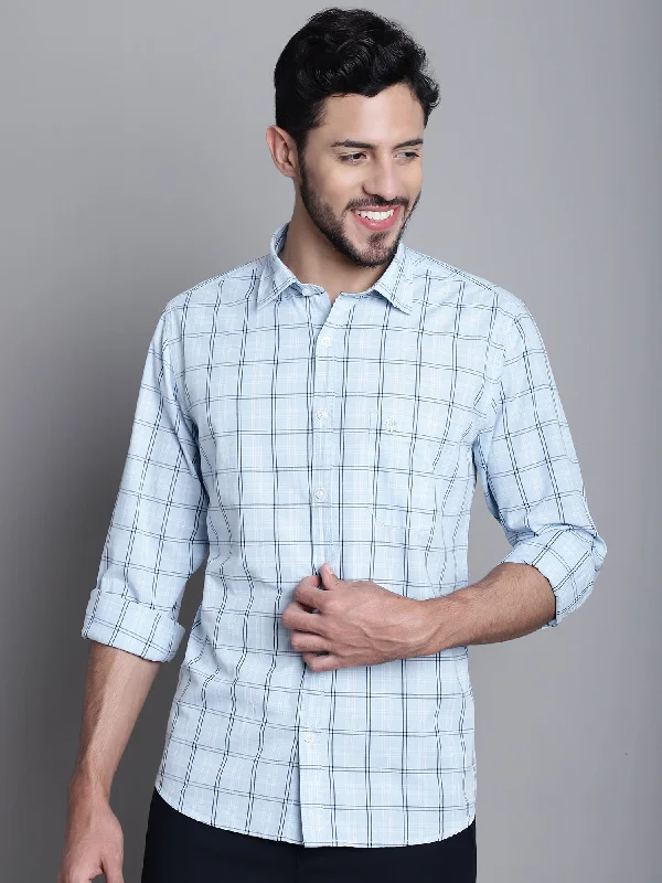 men's button-up shirts -Men's Light Blue Casual Medium Checks Full Sleeve Shirt