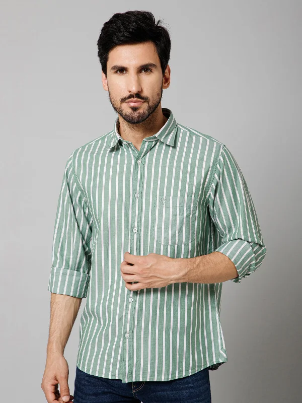 men's designer shirts -Men's Light Green Casual Narrow Stripe Full Sleeve Shirt