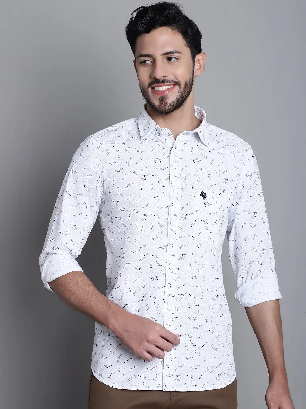 men's fitted shirts -Men's White Casual Floral Ditsy Print Full Sleeve Shirt