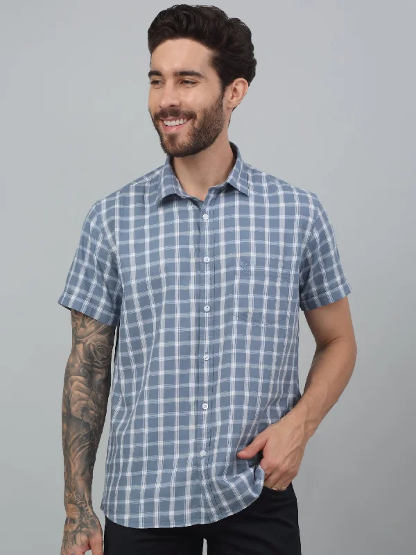 men's plaid shirts -Men's Grey  Casual Medium Checks Half sleeve Shirt