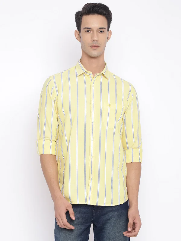 men's long-sleeve shirts -Men's Lemon Yellow Casual Broad Stripe Full Sleeve Shirt