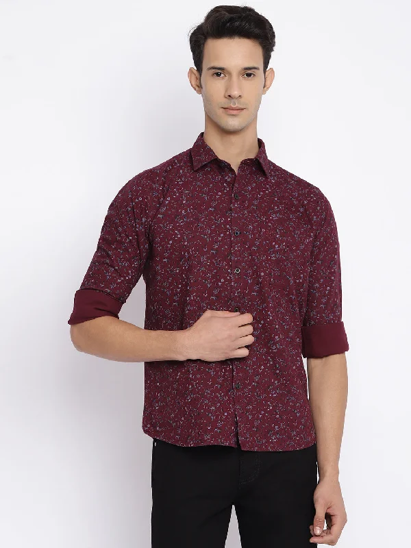 men's formal dress shirts -Men's Maroon Casual Floral Print Full Sleeve Shirt