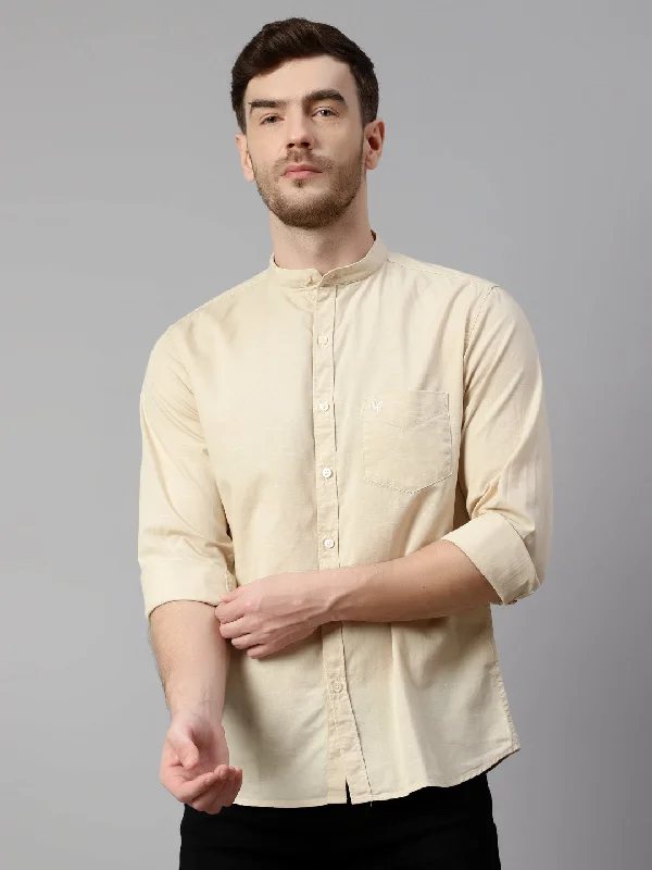 men's relaxed office shirts -Men's Beige Casual Plain Full Sleeve Shirt