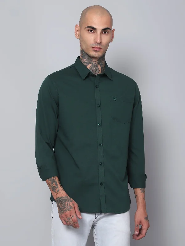 men's Hawaiian shirts -Men's Bottle Green Casual Knit Jersey Full Sleeve Shirt