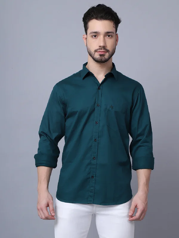 men's polo shirts -Men's Bottle Green Casual Plain Full Sleeve Shirt