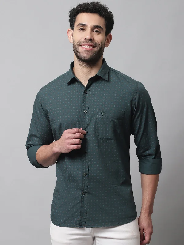 men's casual shirts -Men's Bottle Green Casual Geometric Print Full Sleeve Shirt