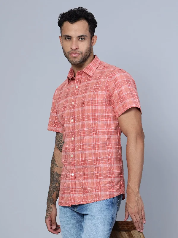 men's office-ready shirts -Men's Red Casual Medium Checks Half Sleeve Shirt