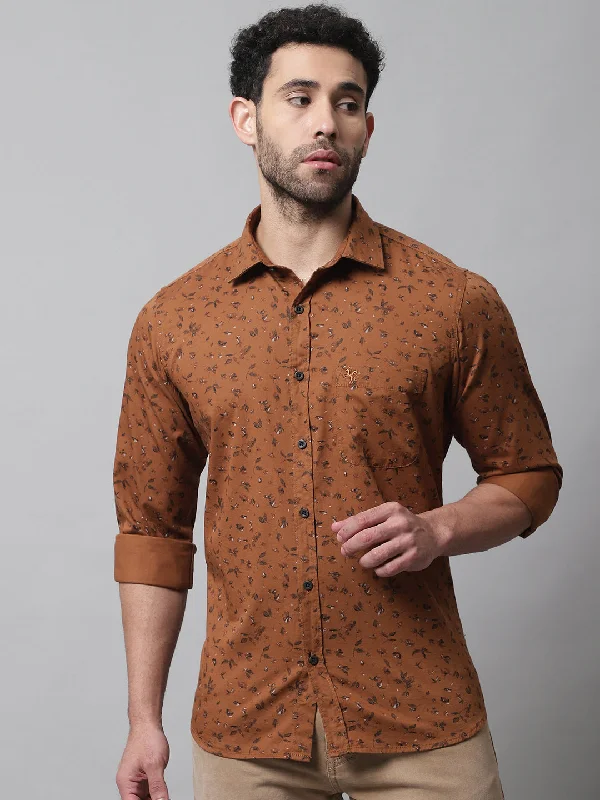 men's formal shirts -Men's Brown Casual Floral Print Full Sleeve Shirt