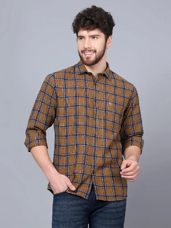 men's classic shirts -Men's Brown Casual Medium Checks Full Sleeve Shirt