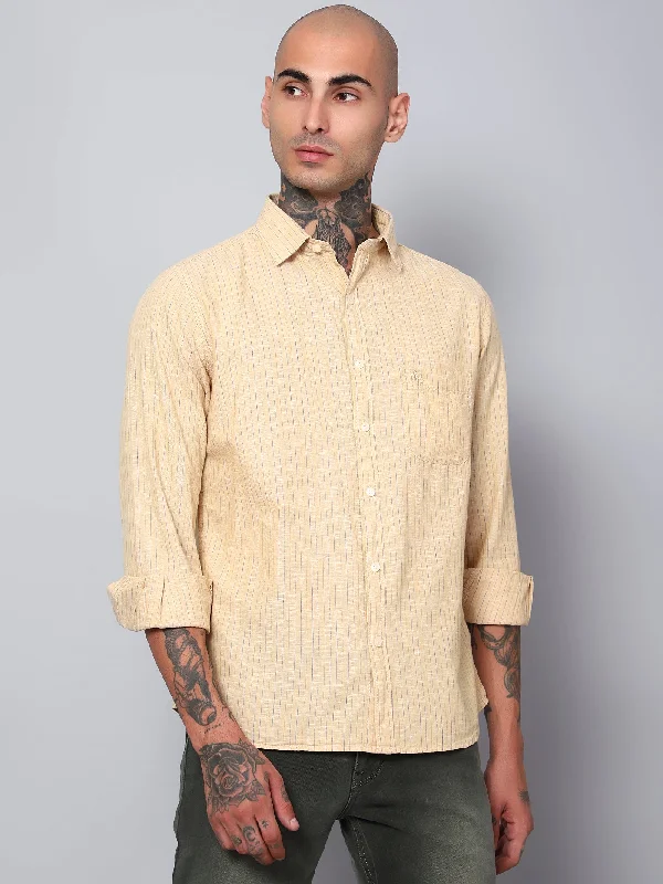 men's patterned button-down shirts -Men's Light Brown Casual Thin Stripe Full Sleeve Shirt