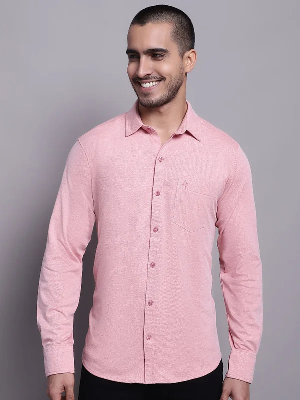 men's lightweight shirts -Men's Pink Casual Knit Self Textured Full Sleeve Shirt