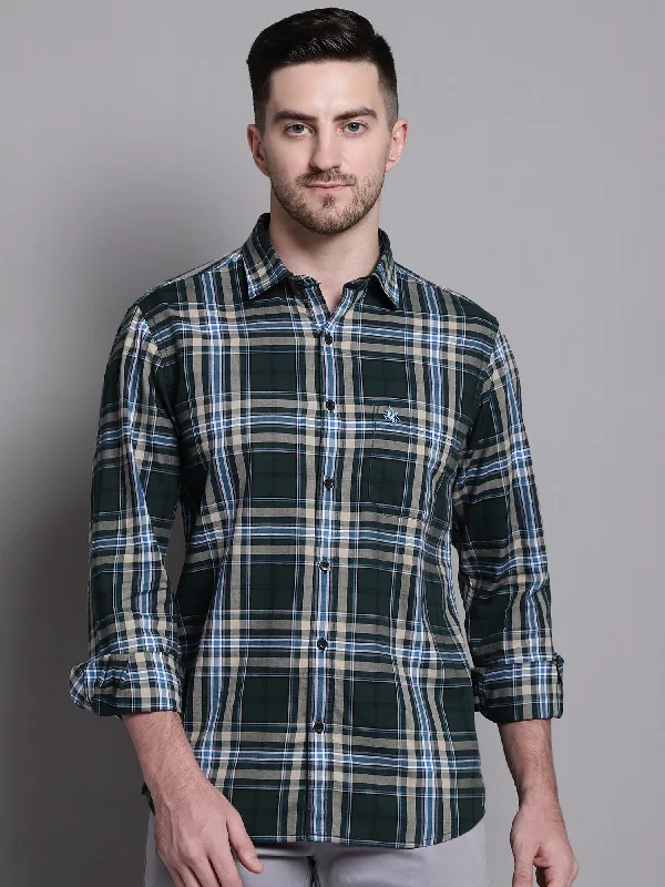 men's patterned shirts -Men's Dark Green Casual Big Checks Full Sleeve Shirt