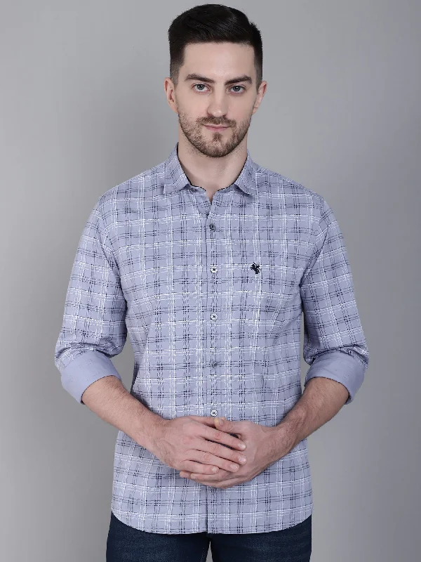 men's checkered shirts -Men's Light Grey Casual Medium Checks Full Sleeve Shirt