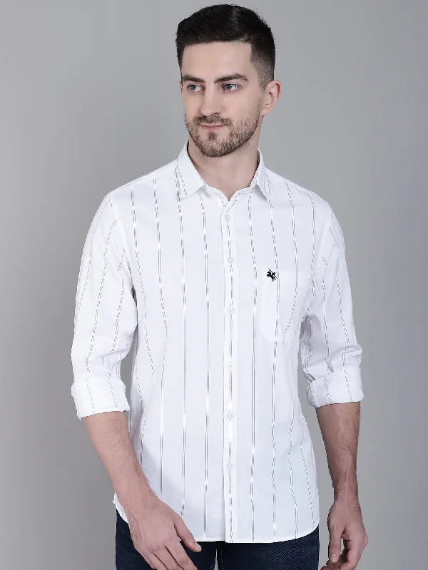 men's casual shirts for summer -Men's White Casual Narrow Stripe Full Sleeve Shirt