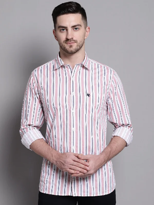 men's casual button-down shirts -Men's Light Peach Casual Narrow Stripe Full Sleeve Shirt