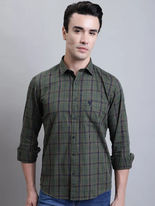 men's embroidered shirts -Men's Green Casual Medium Checks Full Sleeve Shirt