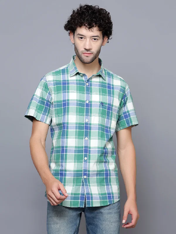 men's slim-fit shirts -Men's Green Casual Big Checks Half Sleeve Shirt