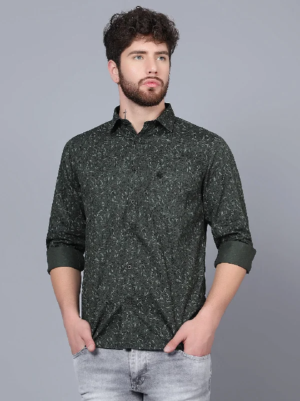 men's business casual shirts -Men's Olive Green Casual Abstract Print Full Sleeve Shirt